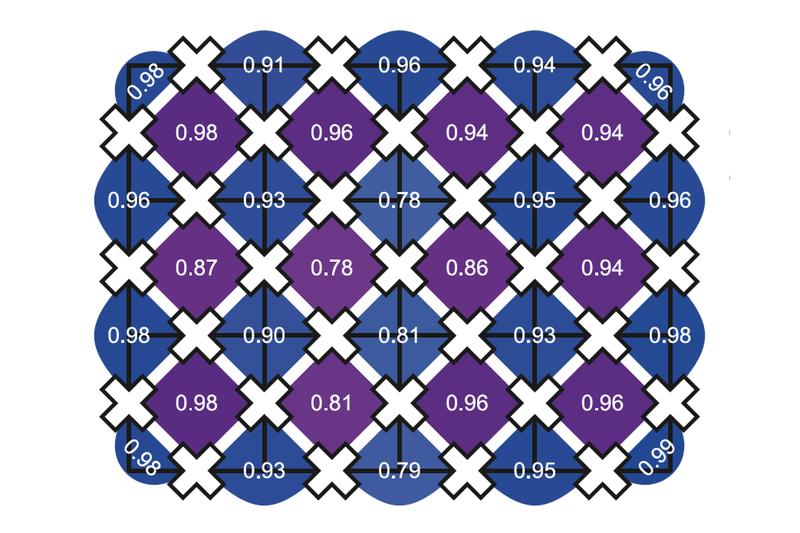 Ermittelte Paritätswerte für ein 31-Qubit-Gitter im Grundzustand des torischen Codes. Die Qubits („×“) liegen auf dem Gitter. Die Erwartungswerte der Stern- und Plakettenoperatoren werden als blaue bzw. violette Kacheln angezeigt.