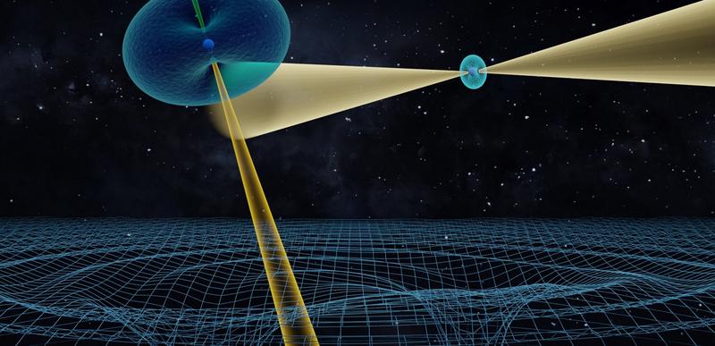 Doppelpulsar PSR J0737. The orbital motion of the two components causes the creation of gravitational waves and thus the shrinking of the system by about 7mm per days. This agrees with the prediction of general relativity within 0.013%.