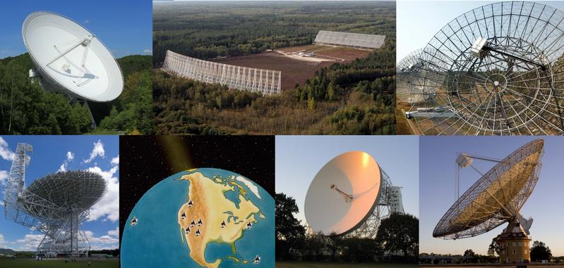 Die sieben Radioteleskope, die für die Beobachtung des Doppelpulsars PSR J0737-3039 eingesetzt wurden. Im Uhrzeigersinn von oben links: Effelsberg, Nançay, Westerbork, Parkes, Jodrell Bank, VLBA, Green Bank.