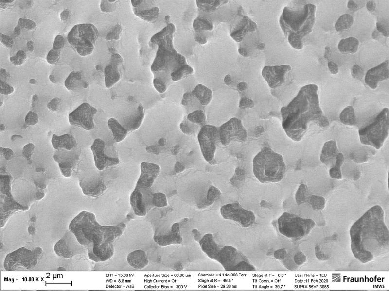 Mikrostruktur einer Biopolymermischung aus Polybutylensuccinat (PBS) und Polylactid (PLA, dunkle Partikel im Bild).