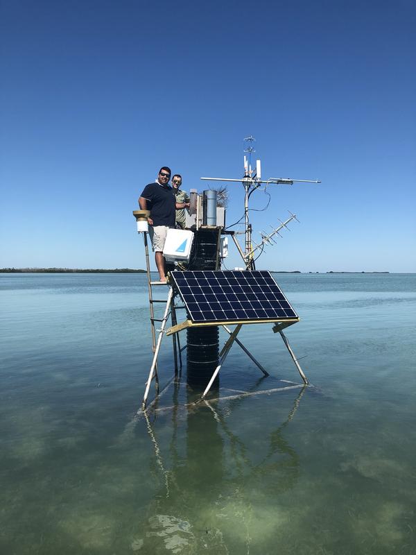 Christian Lopes von der Florida International University (links) und Bryce van Dam vom Helmholtz-Zentrum Hereon (rechts) haben das Messgerät zur Eddy-Kovarianz vor der Küste Floridas installiert. 