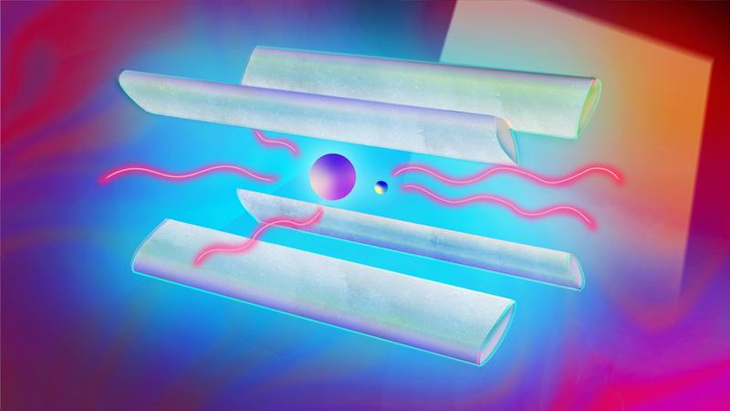 Mismatched partners are being cooled: A single beryllium ion (red, left) and a single highly charged argon ion (purple, right) are bombarded by lasers from various sides and are almost brought to a complete standstill.