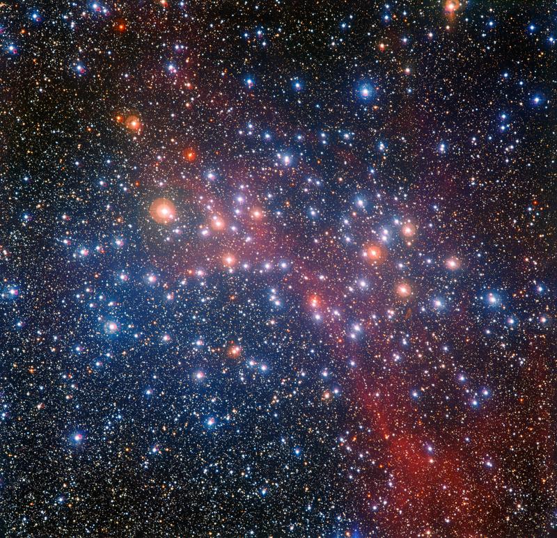 The young open cluster NCG 3532 consists of more than 2,000 stars. Hot stars are seen in blue, and several high-mass stars have already evolved into cool giant stars, visible in red.