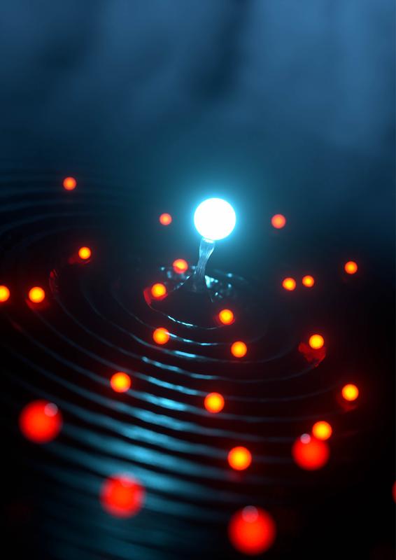 Artistic impression of an individual ion interacting with several atoms with a wave-like character