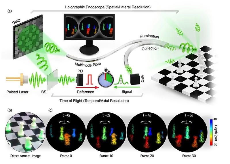 Time of flight imaging of revolving chess set with a multimode fiber based endoscope