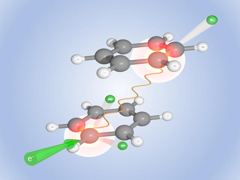 What happens in the reaction microscope: an electron hits a benzene molecule, which is excited and loses an electron. Excitation energy is transferred to the partner molecule so that it also loses an electron. This is followed by the coulomb explosion.