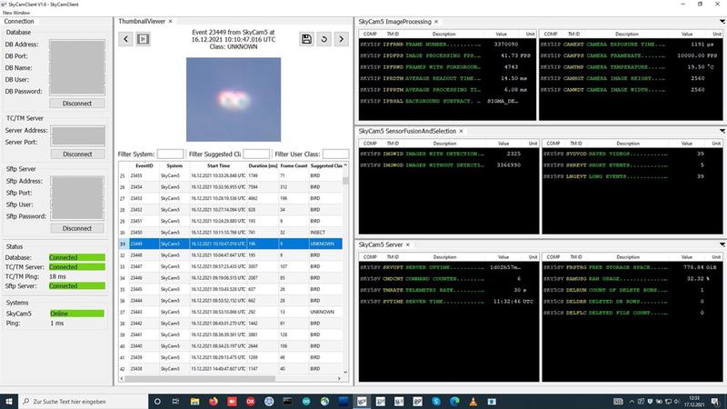 Behind SkyCAM-5 is a complex software architecture. Here is the client with the reports on the observations and their classification.