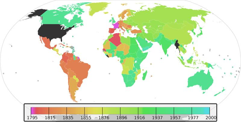 A patchwork of colors but still uniform: All nations marked in color on this map of the world use the metric system in their metrology system. 