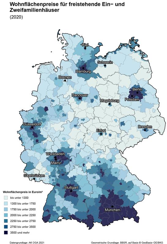 Wohnflächenpreise für freistehende Ein− und Zweifamilienhäuser 2020