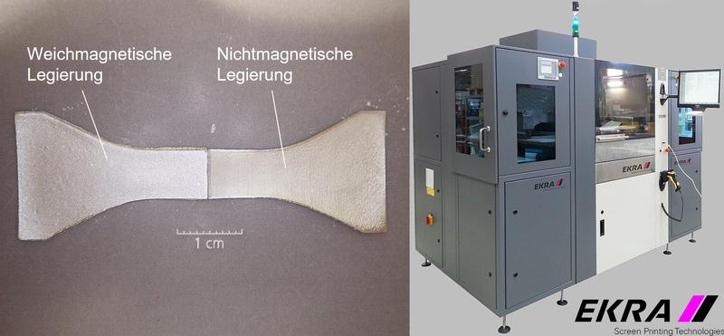 Teststruktur eines im Siebdruckverfahren hergestellten Hybridmaterials, bestehend aus einer weichmagnetischen Legierung und einer nichtmagnetischen Legierung (links). Siebdruckanlage der EKRA Automatisierungstechnik GmbH am Fraunhofer IFAM (rechts)
