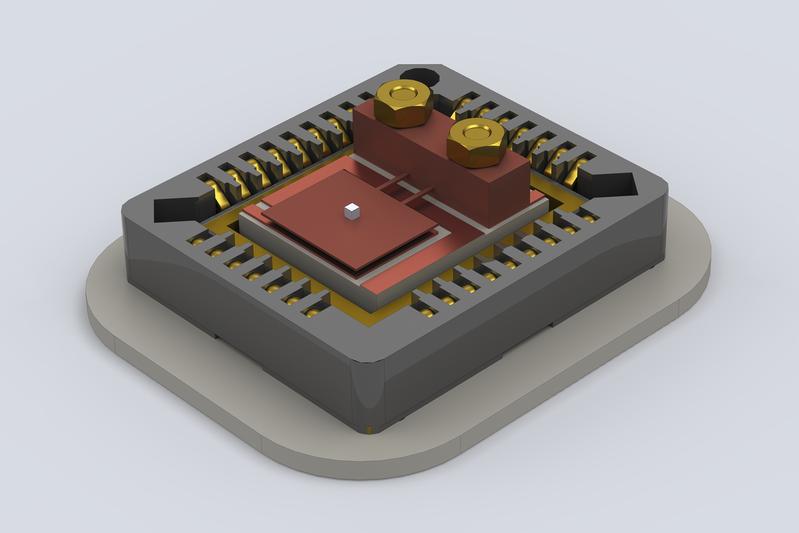 Änderungen in der elektronischen Bandstruktur von Mangansilizium verursachen Änderungen der magnetischen Eigenschaften der Probe (heller Würfel). Diese können mithilfe eines hochempfindlichen Cantilever-Drehmomentsensors (braun) gemessen werden.