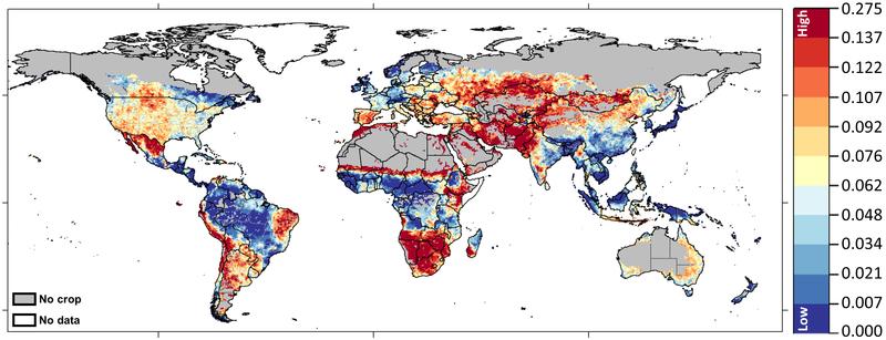 Dürrerisiko im Regenfeldbau, berechnet für den Zeitraum 1981-2016.