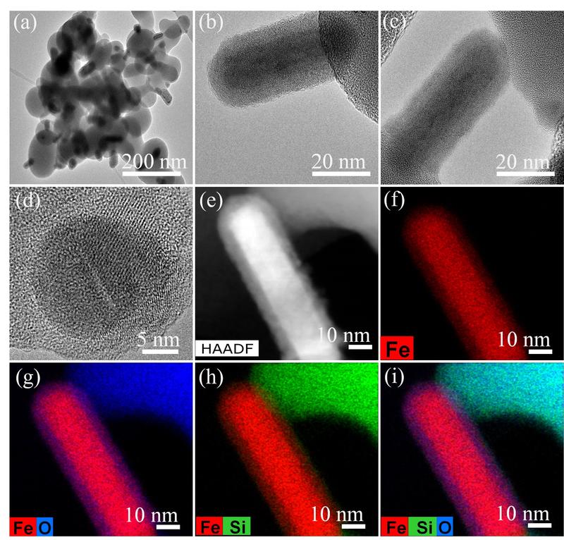 TEM-Aufnahmen, teils hochauflösend, des Fe/Fe-O@SiO2-Katalysators. Oben: Verteilung von Fe-Nanopartikeln. Mitte: Fe/FeO-Nanopartikel mit Kern-Schale-Struktur. Unten: Elementare Kartierung Eisen (Fe), Siliziumdioxid (Si) und Sauerstoff (O).