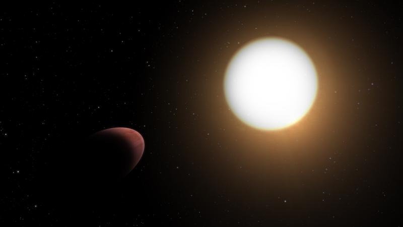 Künstlerische Darstellung des Planeten WASP-103b und seines Wirtssterns: Daten des Weltraumteleskops CHEOPS haben gezeigt, dass der Exoplanet, der seinen Wirtsstern innerhalb eines Tages umkreist, eher die Form eines Rugbyballs als die einer Kugel hat. 