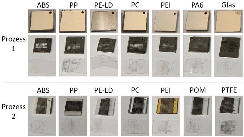 Abbildung 1 Gitterschnitttests nach Metallisierung an glatten Kunststoffen und Glas