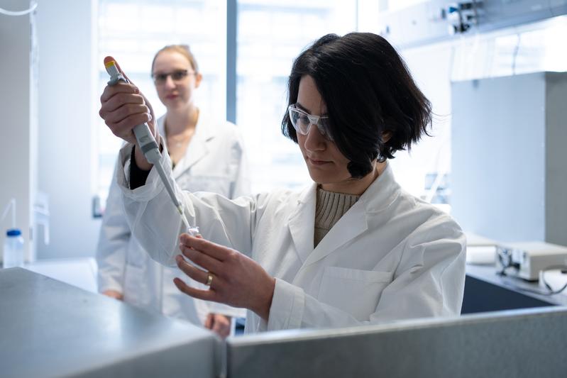 Dr. Mahnaz Azimzadeh Sani und Dr. Julia Linnemann (von rechts) sind Teil des Teams, das unerwartet hohe elektrochemische Kapazitäten an einzelnen Gold- und Platin-Nanopartikeln feststellen konnte.