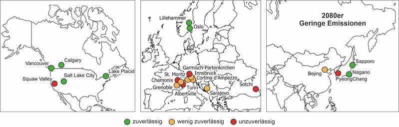 Selbst eine emissionsarme Zukunft kann nicht mehr verhindern, dass bis 2080 viele ehemalige Austragungsorte wohl nicht mehr für die Winterspiele in Frage kommen.