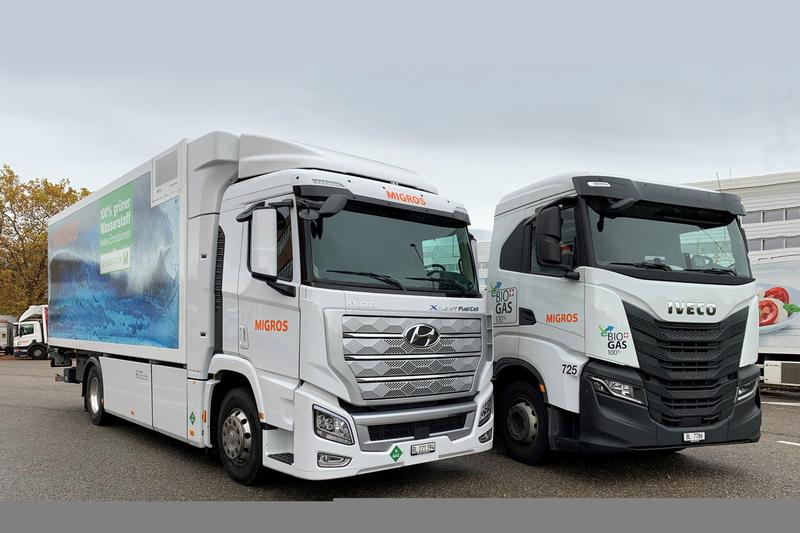 Alternative powertrain systems reduce greenhouse gas emissions in freight transports: Migros operates hydrogen and biogas trucks.