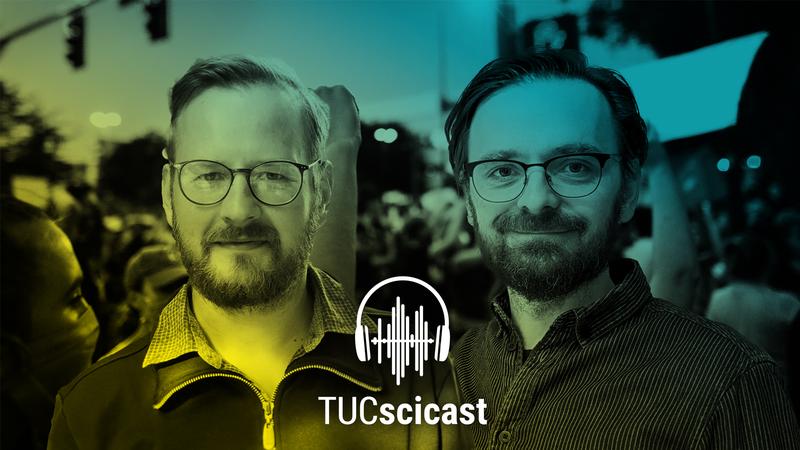 Dr. Piotr Kocyba von der TU Chemnitz (r.) und Dr. Alexander Leistner von der Universität Leipzig ordnen die Corona-Proteste im Podcast wissenschaftlich ein. 