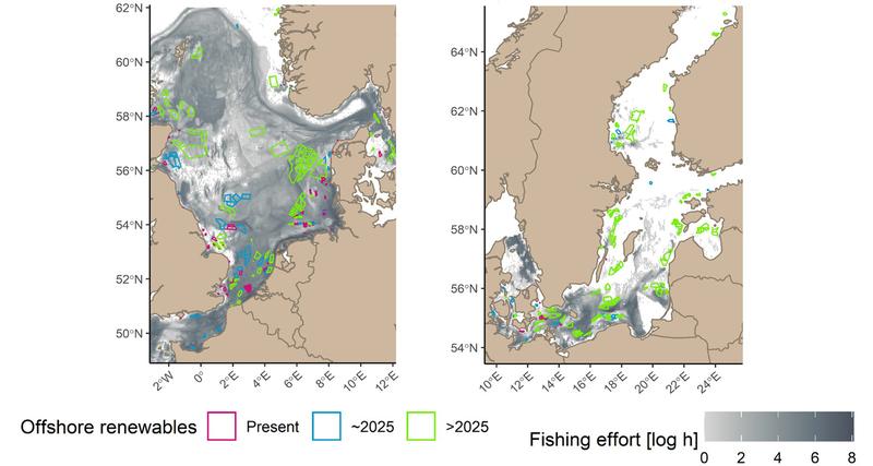 Overlay of mean annual effort of bottom-touching fisheries in the North Sea (2009-2017) and Baltic Sea (2009-2016) with current and future offshore wind energy development. Fishing effort: the stronger the gray colour, the more intensive the 