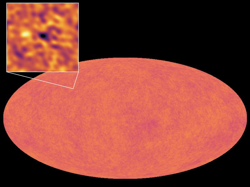 Kosmische Hintergrundstrahlung; als Ausschnitt der "Schatten" der Wasserdampfwolke, der die Temperaturbestimmung nur eine Milliarde Jahre nach dem Urknall ermöglichte