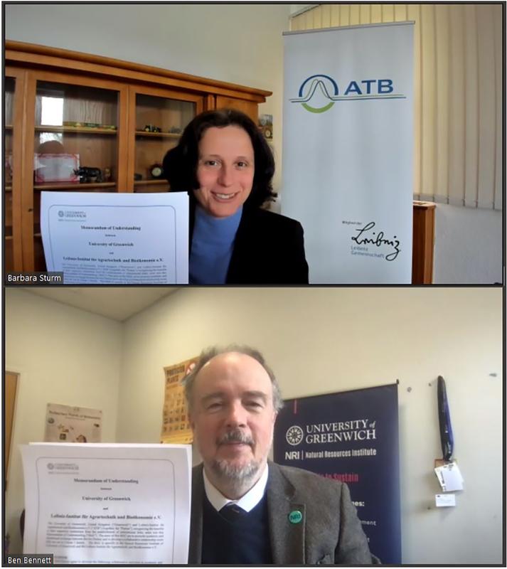 Unterzeichnung im Online-Format: Prof. Dr. Barbara Sturm (ATB) und Prof. Dr. Ben Bennet (NRI) (Quelle: ATB)