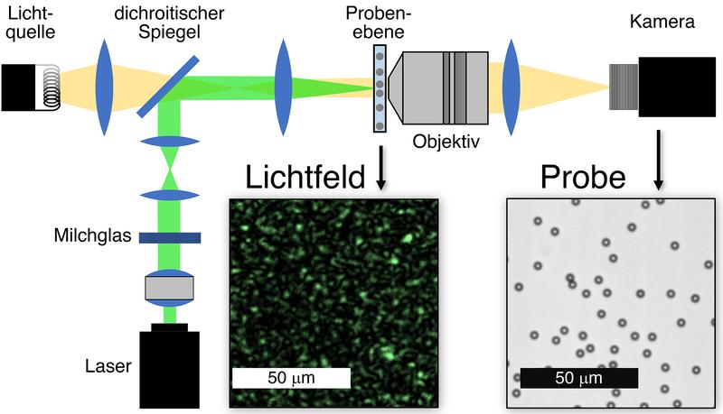 Experimenteller Aufbau an der HHU. In der Probenebene wird ein Lichtfeld mit fraktaler Struktur erzeugt (Mitte-links). Eine Kamera zeichnet das mikroskopische Bild kolloidaler Teilchen auf, die sich in dem Lichtfeld bewegen (rechts). 