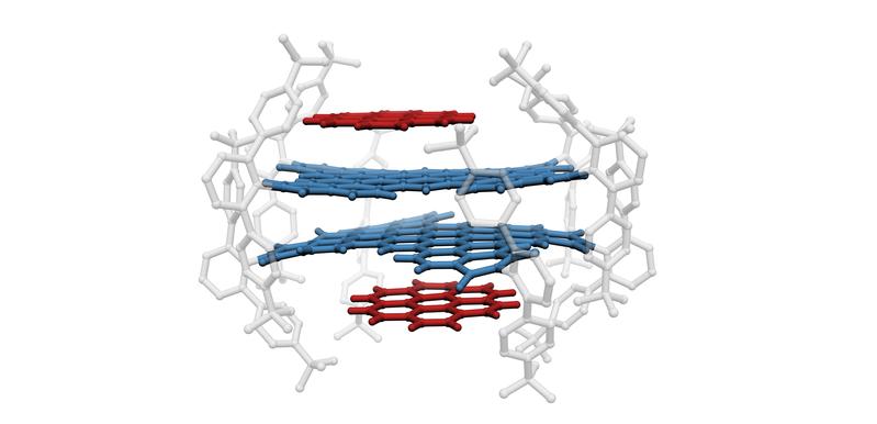 Zwei Nanographene (blau) mit sperrigen Seitenstrukturen (grau) haben je ein PAK (rot) angelagert und sich zu einem Viererstapel formiert.