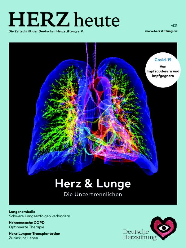 Die Herzstiftungs-Zeitschrift HERZ heute widmet sich in ihrer Ausgabe 4/2021 der engen wechselseitigen Verbindung zwischen Herz und Lunge.
