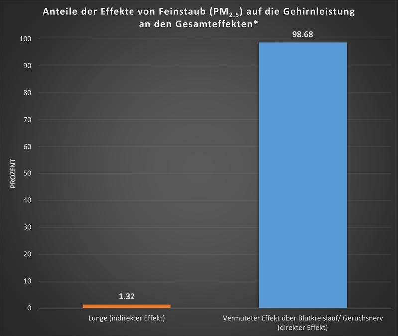 Anteile der Effekte von Feinstaubpartikel bis zu 2,5 Mikrometer auf die Gehirnleistung