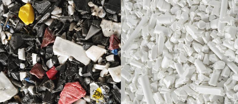 Das »Forum Plastic Recyclates« diskutiert unter anderem Anwendungen für rezyklierte Kunststoffe im Alltag. Sortenreine Rezyklate – wie rechts gezeigt - sind die Grundlage dafür.