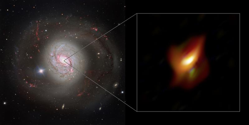 Image of active galaxy NGC 1068 with FORS on ESO’s VLT (left) and blow-up view of the  inner region of this galaxy, its active galactic nucleus, with the MATISSE instrument on ESO’s VLTI at infrared wavelengths (right). 