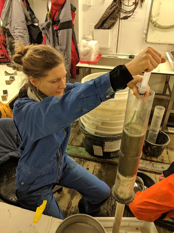 Friederike Säring bereitet die Sedimentkerne vor, damit diese für weitere Untersuchungen in zentimeterdicke Proben geschnitten werden. 