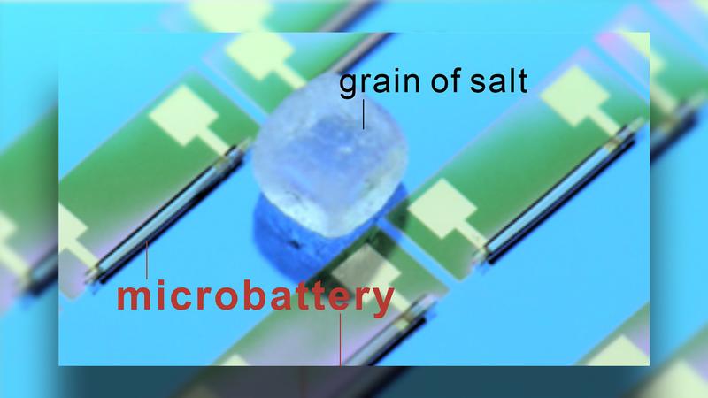 The world's smallest battery is smaller than a grain of salt and can be produced in large quantities on a wafer surface.