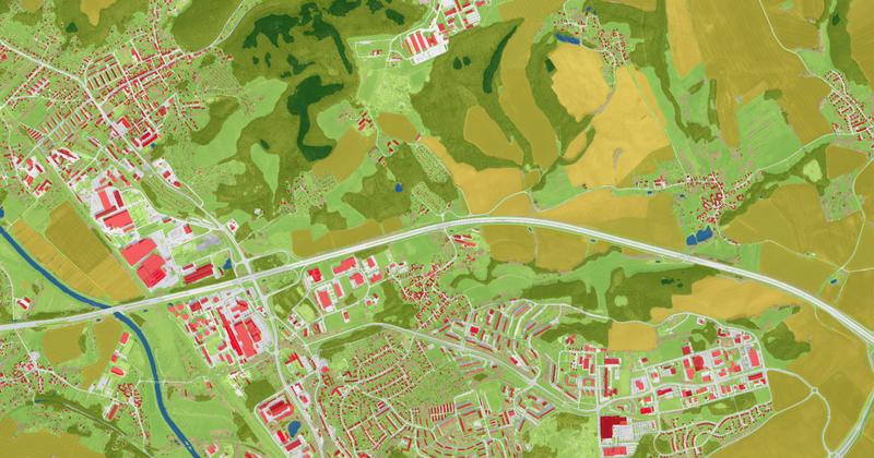 deeeper.technology erfasst die Landbedeckung. Dadurch werden etwa Gebäude (rot) oder Wälder (grün) zu digital erfassbaren Objekten. 