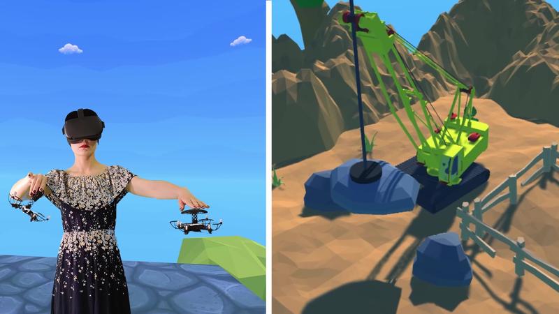 Image taken from the video. A test person in the virtual world controls a crane using flyables. 