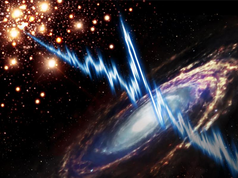 Die Quelle mysteriöser Radiosignale: Künstlerische Darstellung eines Radiostrahlungsausbruchs, der in einem Kugelsternhaufen, einem System alter Sterne in der Nähe der Spiralgalaxie Messier 81 (M81), stattfindet.