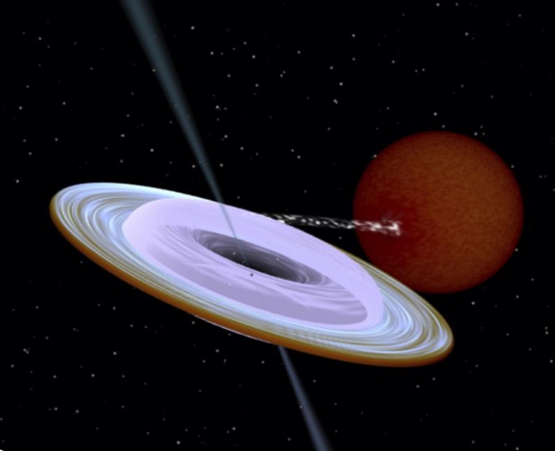 Künstlerische Darstellung des Röntgendoppelsystems MAXI J1820+070 mit einem Schwarzen Loch (kleiner schwarzer Punkt im Zentrum der Gasscheibe) und einem Begleitstern (rot).