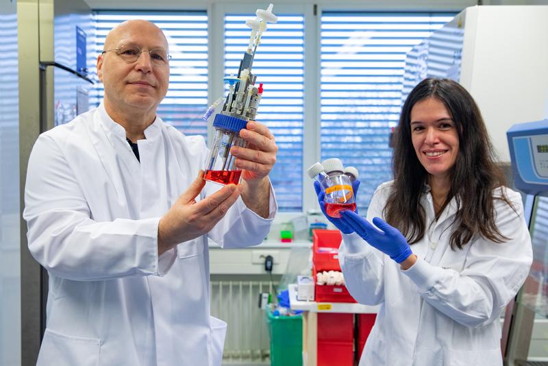 Professor Dr. Constanza Figueiredo and Professor Dr. Rainer Blasczyk with bioreactors for blood cell production in a laboratory of the Institute of Transfusion Medicine and Transplant Engineering.