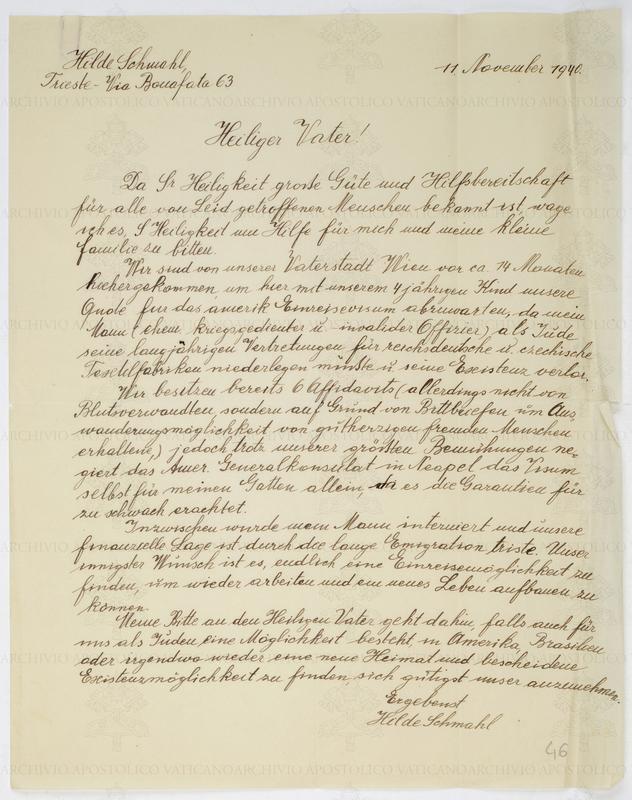 Hilde Schmahl schreibt am 11. November 1940 an Papst Pius XII. und bittet um Hilfe bei der Ausreise in die USA. Ihr Brief ist einer von tausenden, die sich bis zum 2. März 2020 unter Verschluss befanden. 