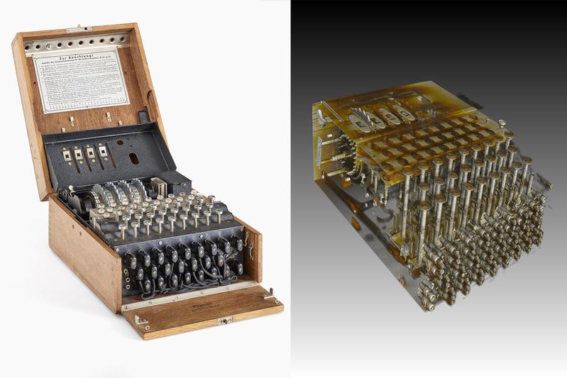 Eine Enigma aus der Sammlung des Deutschen Museums und ihr Röntgenbild.