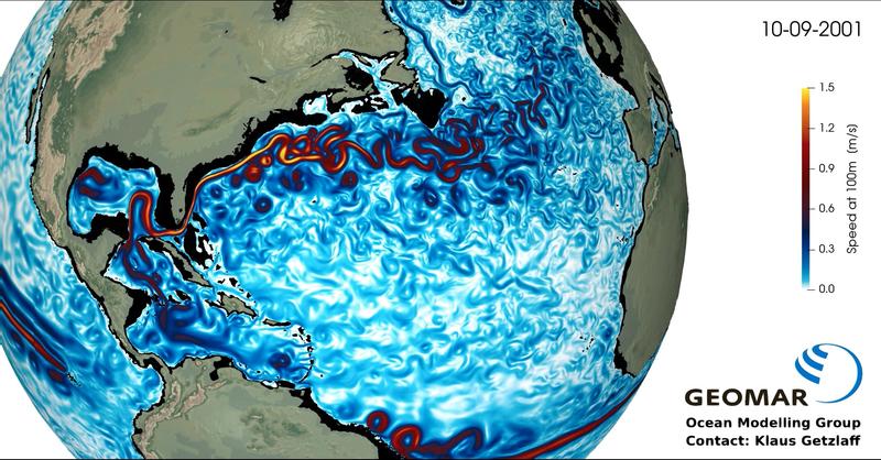 Screenshot der Animation zu Oberflächenströmungen und Meereisverteilung, simuliert durch das hochauflösende Ozeanmodell VIKING20X. 