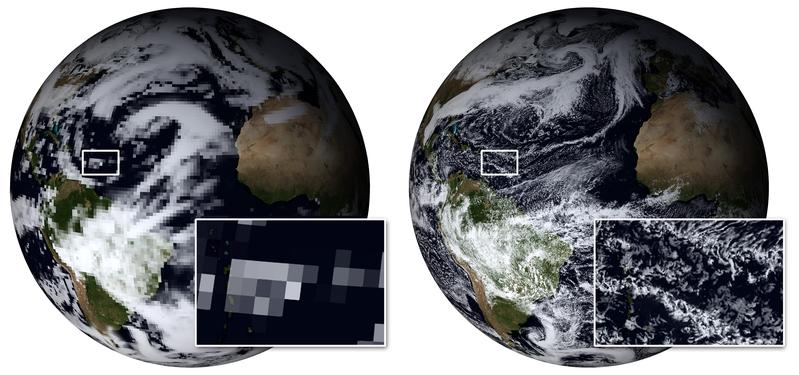 Wolkensimulationen mit einer Auflösung von ca. 80 km (links) und von 2,5 km (rechts). Die linke Simulation erfasst großräumige Wolkenformation, die rechte zusätzlich auch Details der Wolkenstrukturen und das Verhalten verschiedener Typen.