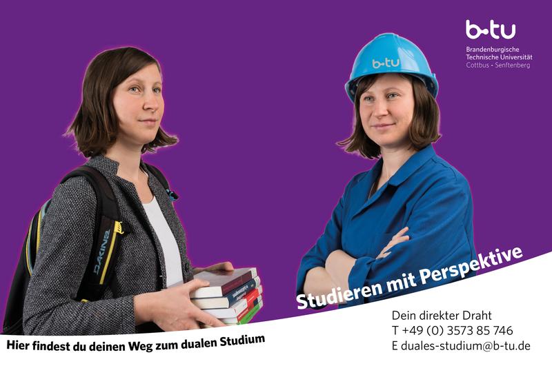 Banner für das duale Studium der BTU mit Kontaktdaten.