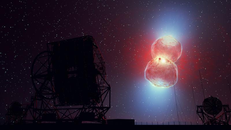 Künstlerische Darstellung der RS-Ophiuchi-Nova-Explosion: Die schnellen Schockwellenfronten bilden die Form eines Uhrenglases aus, in der die Gammastrahlung produziert wird. Sie wird dann von den H.E.S.S.-Teleskopen (im Vordergrund) aufgezeichnet.