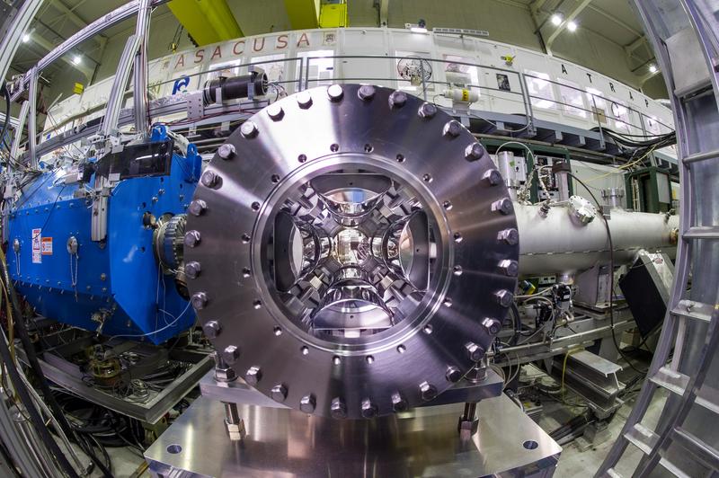 Photograph of the quadrupole triplet lens used to focus the antiproton beam into a helium target.
