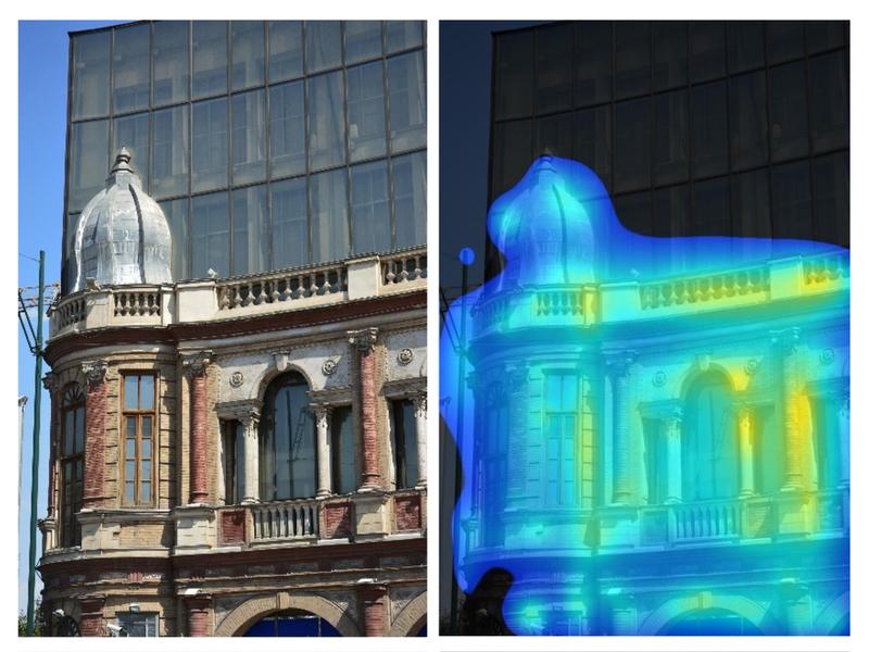Left: a 1920s building with a glass façade building directly behind it in Tehran. Right: orange/red indicates where people look at most, elements attracting less visual attention are blue. The glass façade is practically invisible to the human mind. 