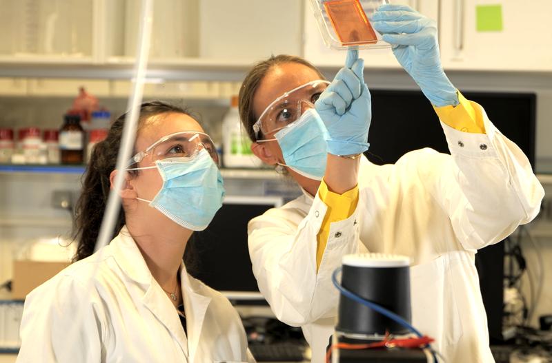 Laura De Laporte (right) inspects the microfluidic device together with her PhD student Yonca Kittel (left).