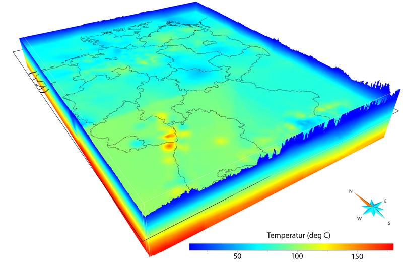 3-D-Temperaturkarte: Deutschland mit einer Tiefe von 2000 Metern. Die Temperaturkarten sind eine von zahlreichen Optionen, die GeotIS zur Verfügung stellt. Sie bieten in allen Tiefen einen umfassenden Überblick.