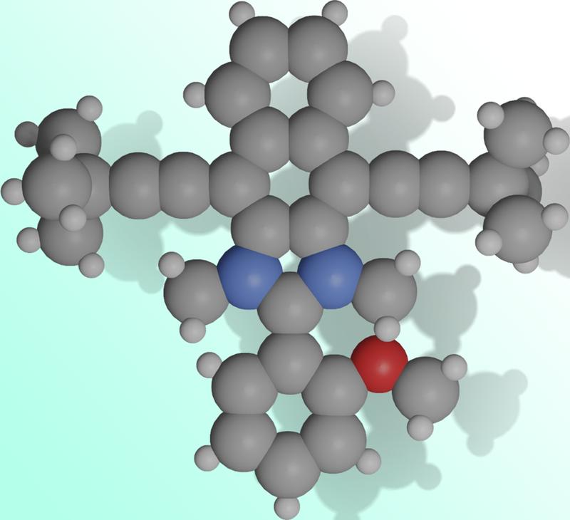 Schematische Darstellung des Nanocars vom deutschen Team #GAzE. Der molekulare Rennwagen besteht im Kern aus einem Azulen-Molekül, das durch weitere Atomgruppen ergänzt wurde. Damit wird die angestrebte Mobilität und Steuerbarkeit erreicht.